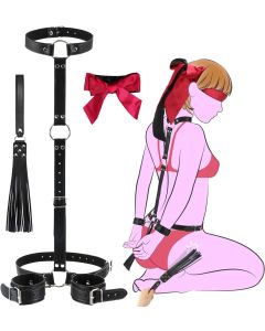 Sex Bondage BDSM Kit Restraints - Couple Sex Toys with Neck to Wrist Behind Back Handcuffs Collar & Blindfold & Whip, Soft Leather Bondage Gear & Accessories