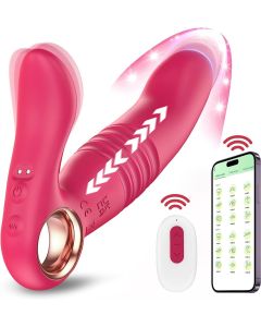 App Controlled Rose Couple Vibrator L-Shaped Thrusting & Vibrating Dildos with Mimic Finger, 9+9 Modes Dual Powerful