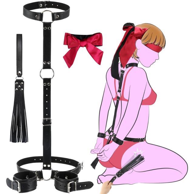 Sex Bondage BDSM Kit Restraints - Couple Sex Toys with Neck to Wrist Behind Back Handcuffs Collar & Blindfold & Whip, Soft Leather Bondage Gear & Accessories