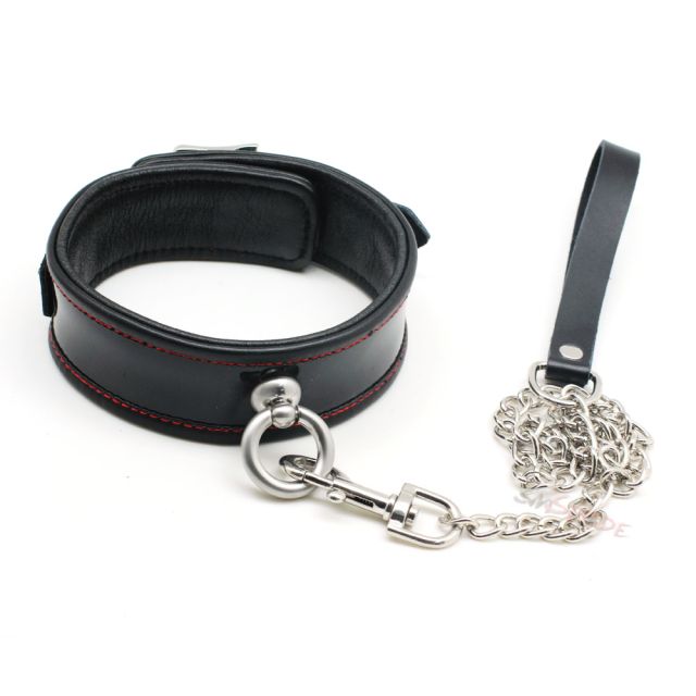 SM Black Genuine Leather Bondage Neck Collar with Metal Chain 