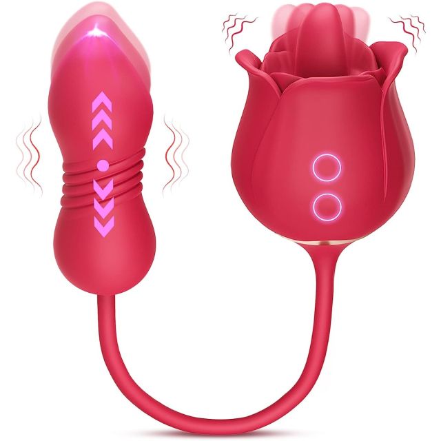 Rose Sex Toy Dildo Vibrator 3in1 with 9 Thrusting G Spot Vibration, Clitoral Nipple Licker for Woman Man Couples Pleasure