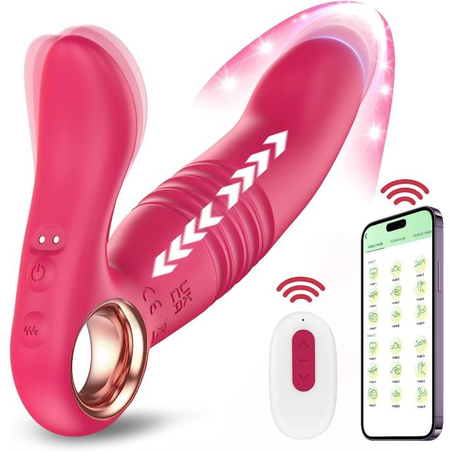 App Controlled Rose Couple Vibrator L-Shaped Thrusting & Vibrating Dildos with Mimic Finger, 9+9 Modes Dual Powerful